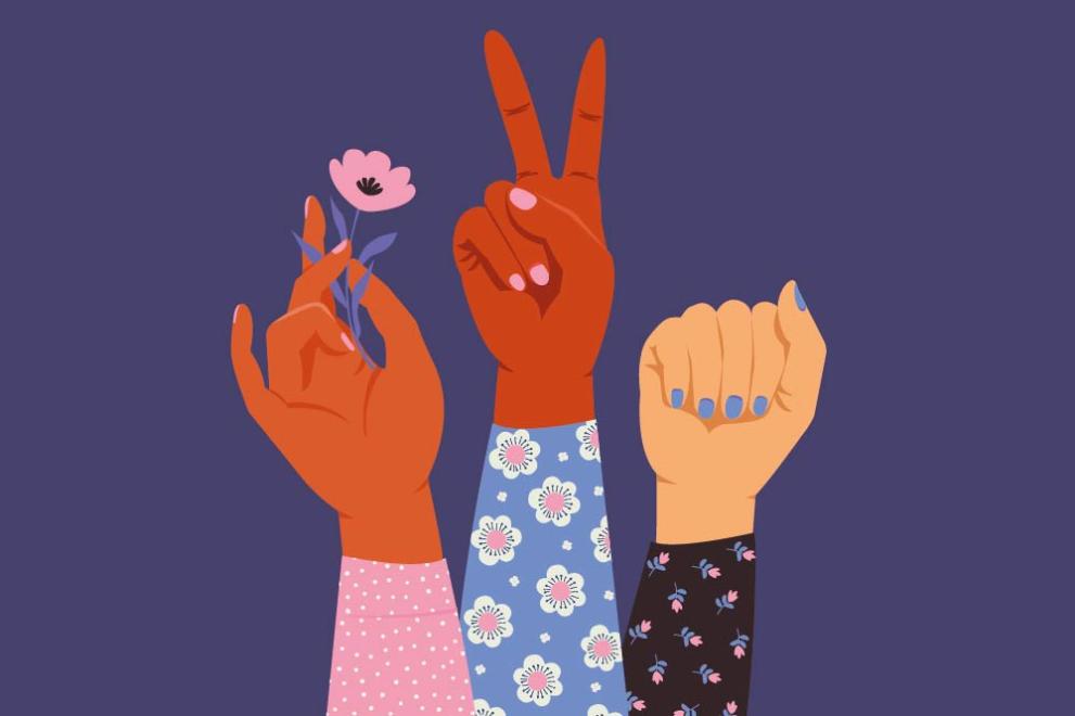 Ilustration von drei in die Höhe gestreckter Hände auf blauem Hintergrund