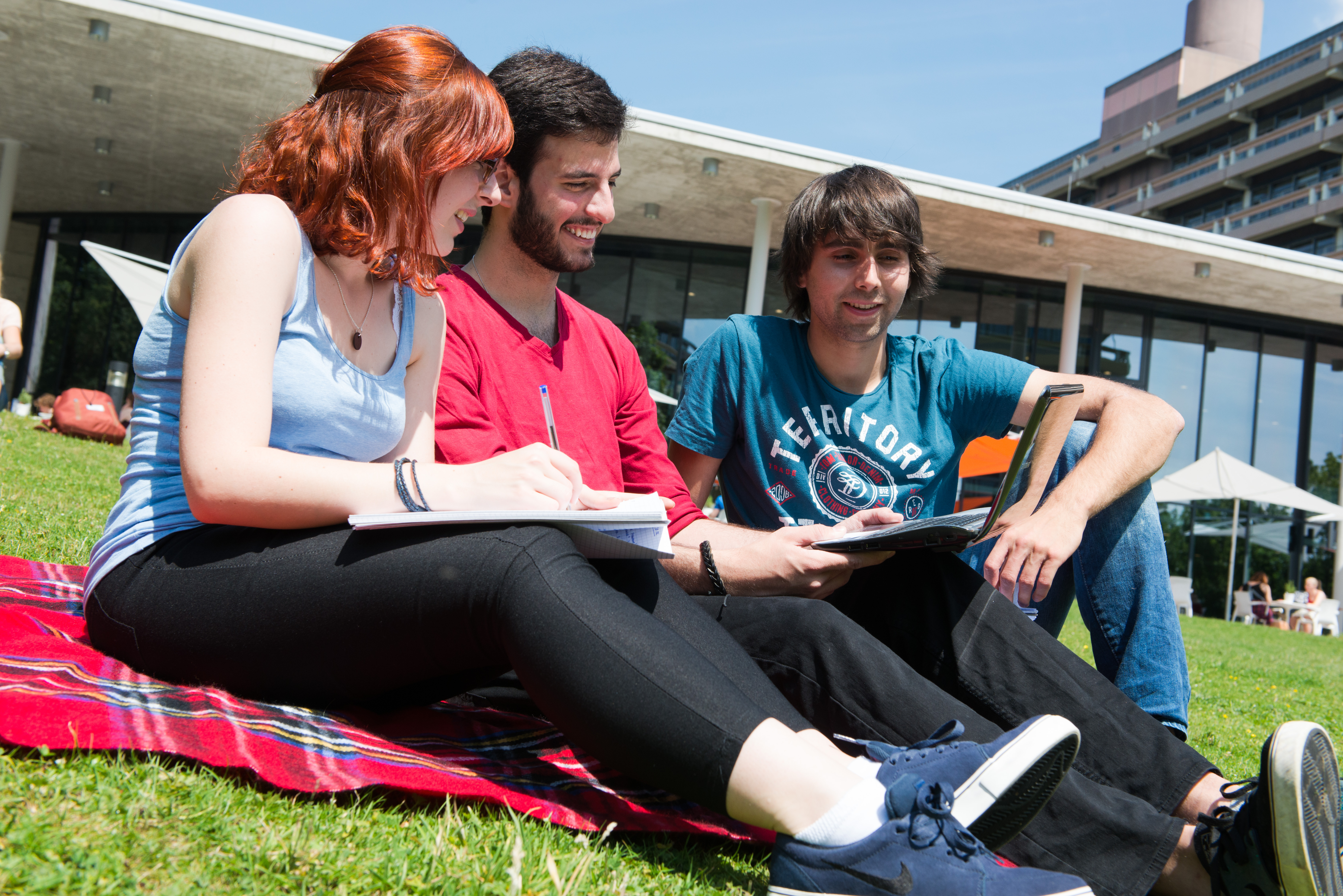 Drei Studierende lernen gemeinsam auf einer Wiese am RUB-Campus.