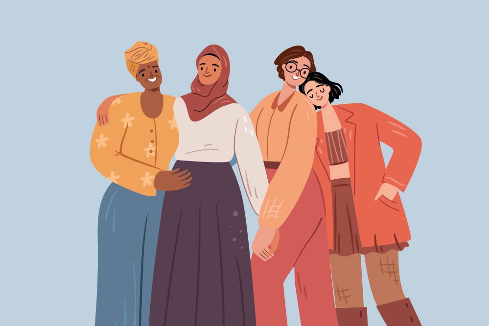 Illustration einer Gruppe Frauen, die sich umarmt