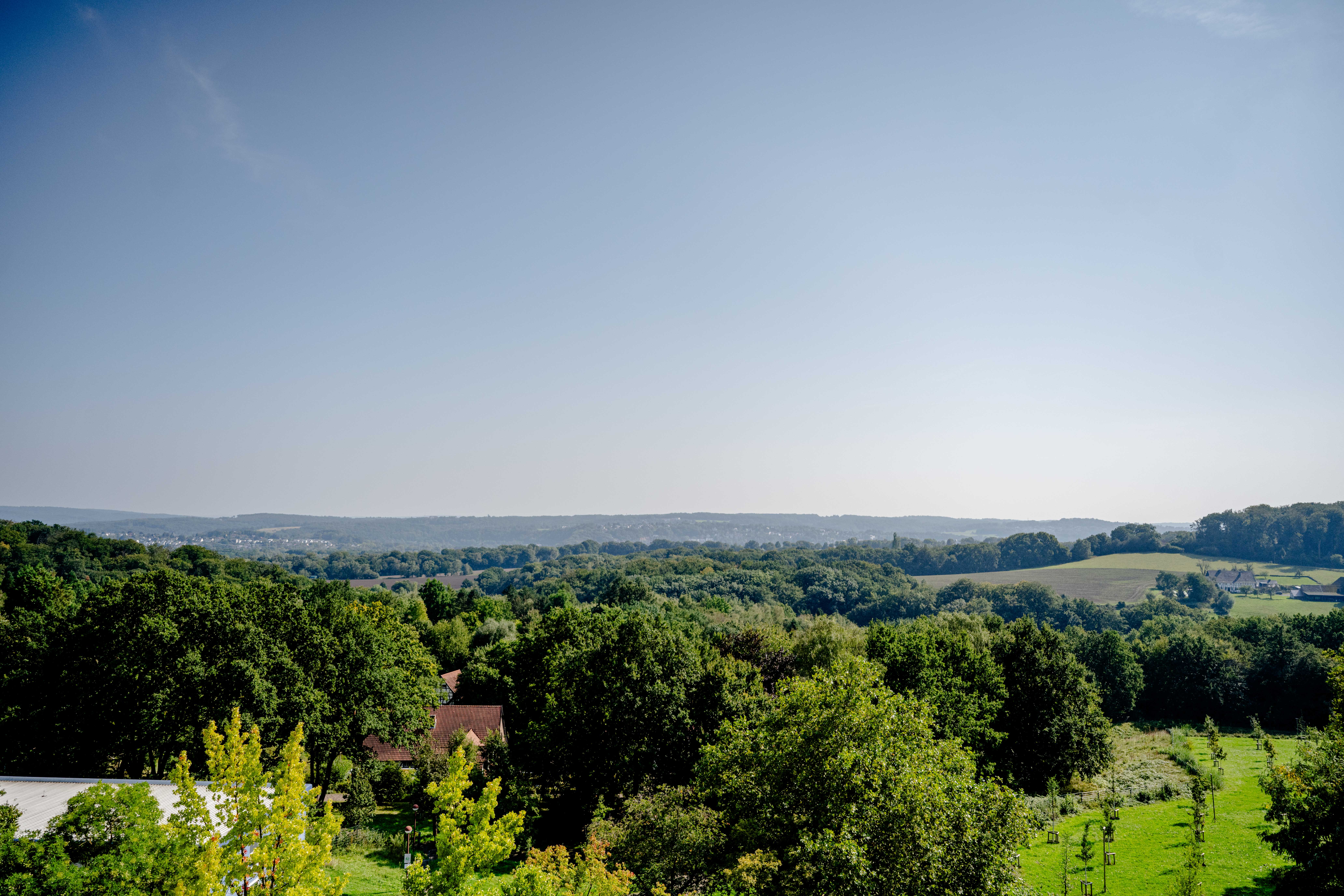 Foto: Blick in ein grünes Tal mit Bäumen bei Sonnenschein, es ist unter Bäumen ein Haus mit rotem Dach zu sehen.