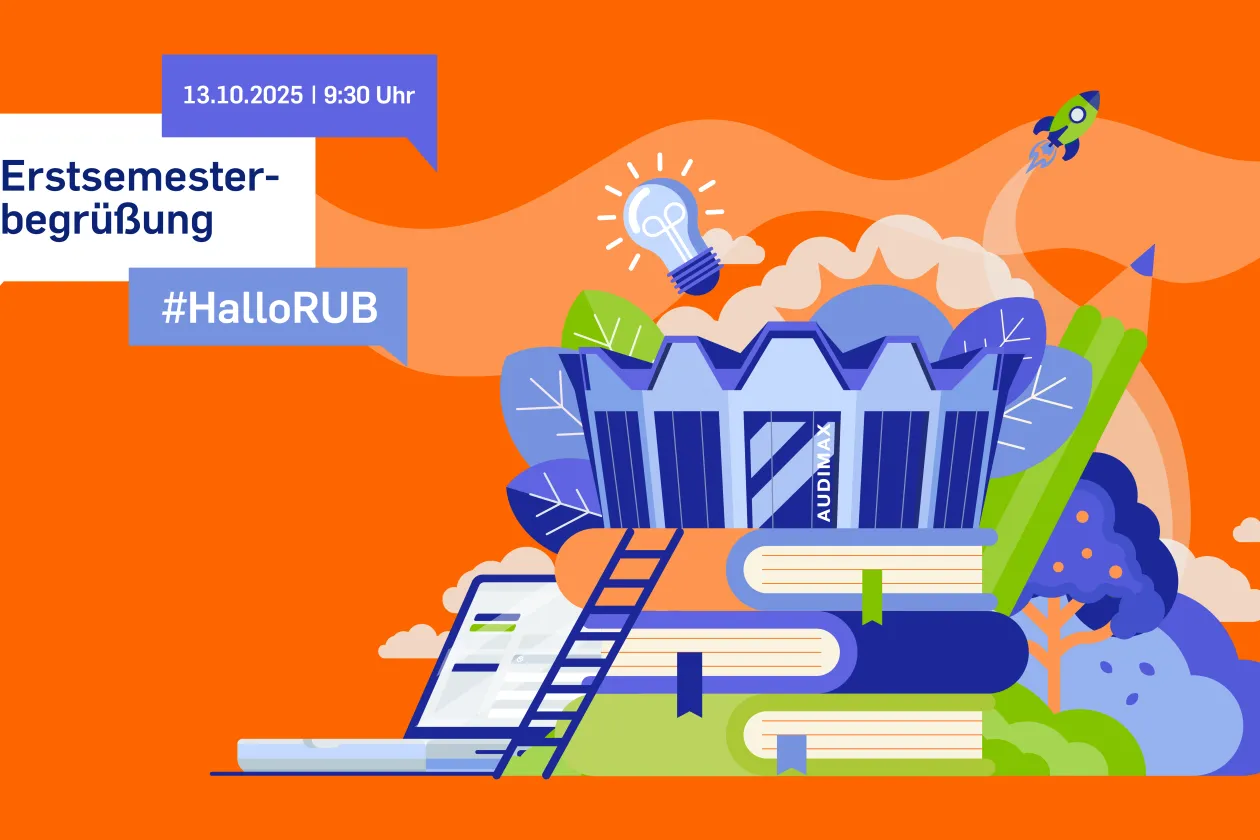 Grafische Einladung zur online Erstsemesterbegrüßung der RUB am 13.10.2025 um 9:30 Uhr.