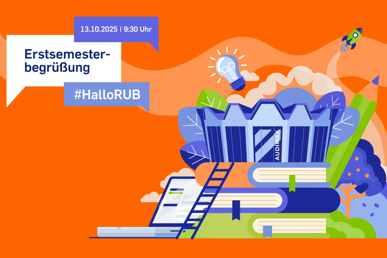 Illustration zur Erstsemesterbegrüßung der Ruhr-Universität Bochum am 13.10.2025 mit Audimax, Büchern, Laptop und Hashtag #HalloRUB.