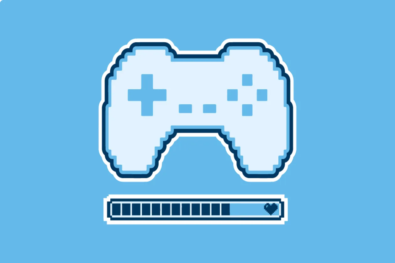 Grafik im Pixel-Art-Stil vor blauem Hintergrund: Oben ist ein weiß-hellblauer Gamecontroller zu sehen, darunter ein Ladebalken mit einem kleinen Herzsymbol.