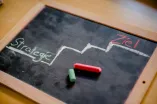 Tafel mit schematischer Darstellung einer Strategie, die in Stufen zum Ziel führt.