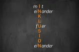 Schriftzug Inklusion mit den eingebundenen Worten miteinander füreinander