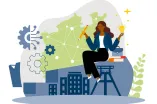 Illustration mit junger Frau im businessoutfit. Gezeichnete Gebäude im Hitergrund.