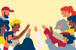 Eine Illustration. auf der sich junge Menschen grüßen