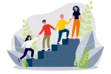 Illustration einer Treppe. Darauf stehen vier Menschen und helfen sich gegenseitig beim Aufstieg