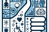 Eine KI-generierte Grafik zeigt verschiedene Symbole, die mit Behinderung und chronischer Erkrankung verbunden werden können (oder die KI damit verbindet). Aus den verschiedenen Symbolen wird das Muster eines gehobenen Daumens gebildet.