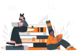 Grafische Darstellung von zwei Studierenden vor übergroßen Büchern und Schreibmaterial
