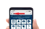 Das Bild zeigt gehighlightet durch einen Pfeil das Burgermenue in der UB mobile App 