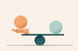 Die Grafik zeigt eine Wippe auf der zwei gleich große Kugeln balancieren, eine wird dabei von einer Hand gehalten. 