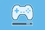 Grafik im Pixel-Art-Stil vor blauem Hintergrund: Oben ist ein weiß-hellblauer Gamecontroller zu sehen, darunter ein Ladebalken mit einem kleinen Herzsymbol.