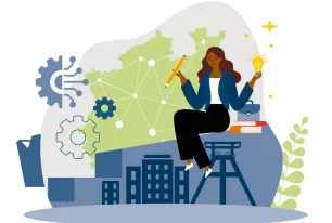 Illustration mit junger Frau im businessoutfit. Gezeichnete Gebäude im Hitergrund.
