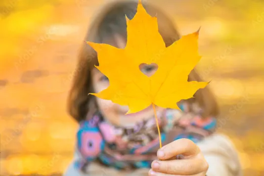 Das Bild zeigt scharf im Vordergrund ein Herbstblatt, aus dem ein Herzförmiges Loch herausgerissen worden ist. Durch dieses schaut ein Kind, das unscharf im Hintergrund zu sehen ist und das Blatt in die Kamera hält.