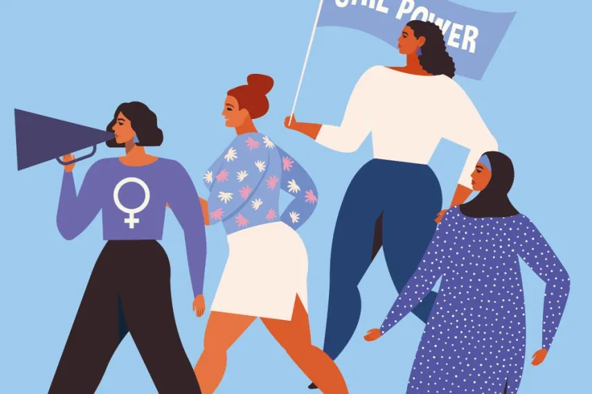 Illustration mit vier demonstrierenden Frauen