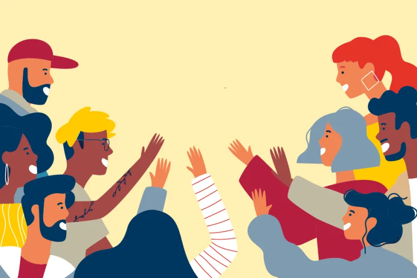 Eine Illustration. auf der sich junge Menschen grüßen