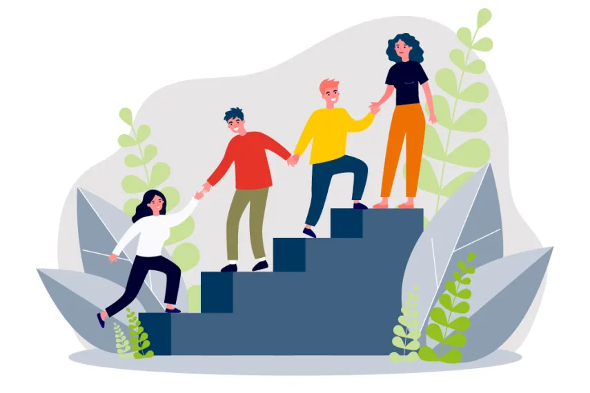 Illustration einer Treppe. Darauf stehen vier Menschen und helfen sich gegenseitig beim Aufstieg