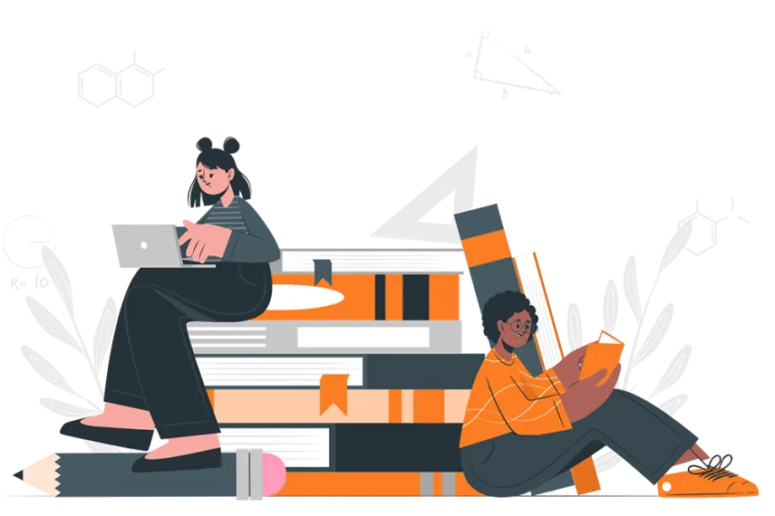 Grafische Darstellung von zwei Studierenden vor übergroßen Büchern und Schreibmaterial