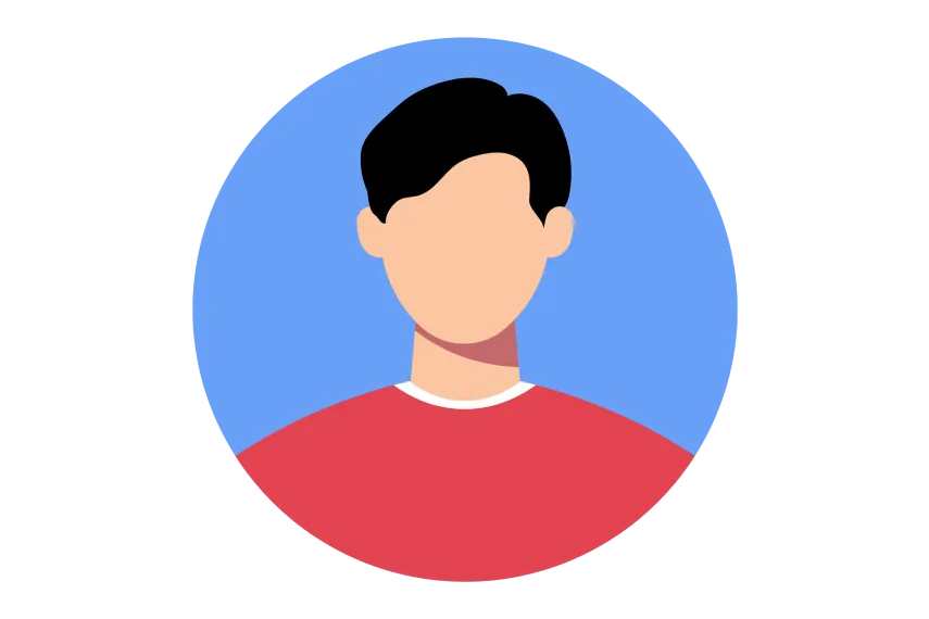 Das kreisförmige Bild zeigt eine bunte Silhouette, fast ein Icon von einer Person mit kurzen dunklen Haaren und einem roten Pulli.