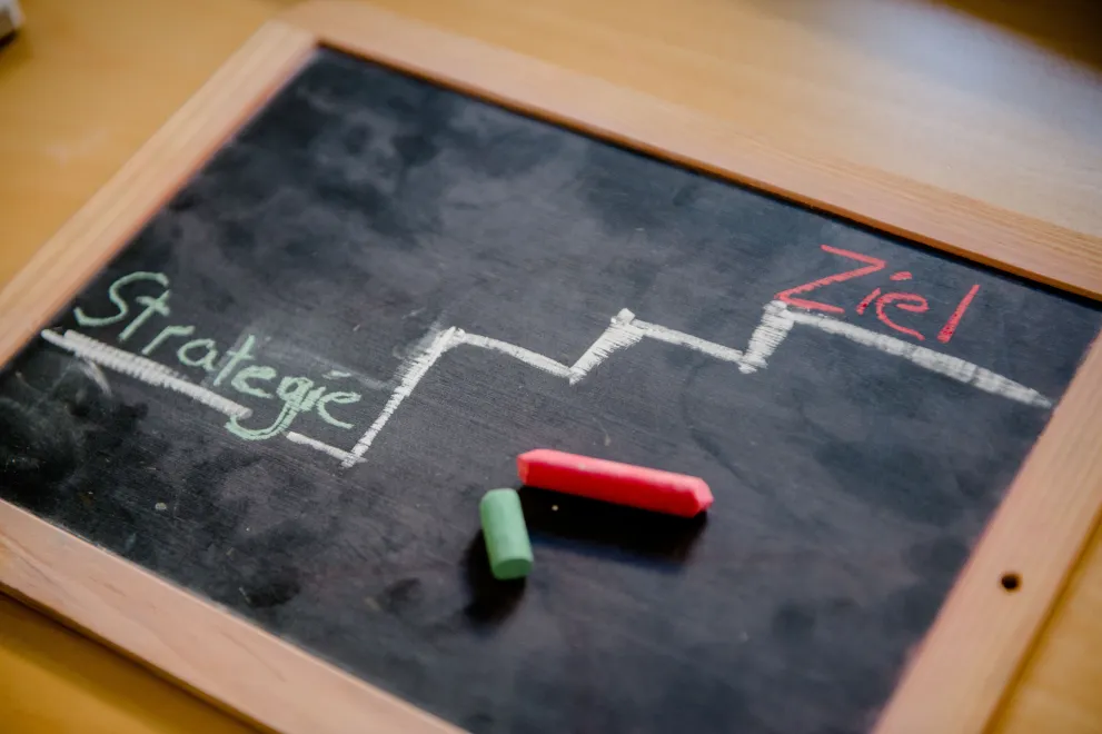 Tafel mit schematischer Darstellung einer Strategie, die in Stufen zum Ziel führt.