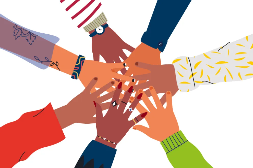 Eine Illustration mit sieben Händen. die sich in der Mitte greifen