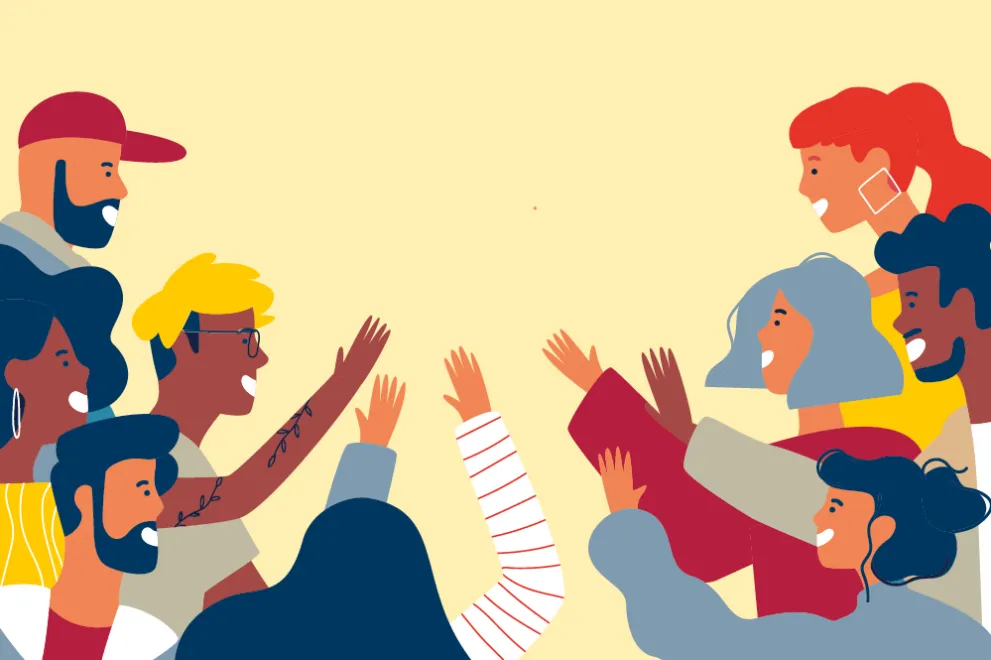 Eine Illustration. auf der sich junge Menschen grüßen