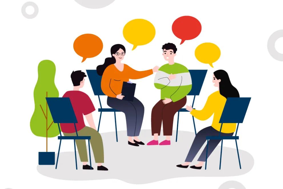Eine Illustration eines Stuhlkreises. in dem sich Menschen unterhalten