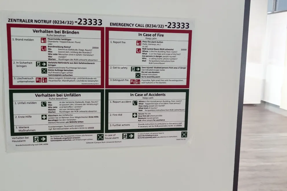 Brandschutzordnung an der Wand in einem Gebäude der RUB.