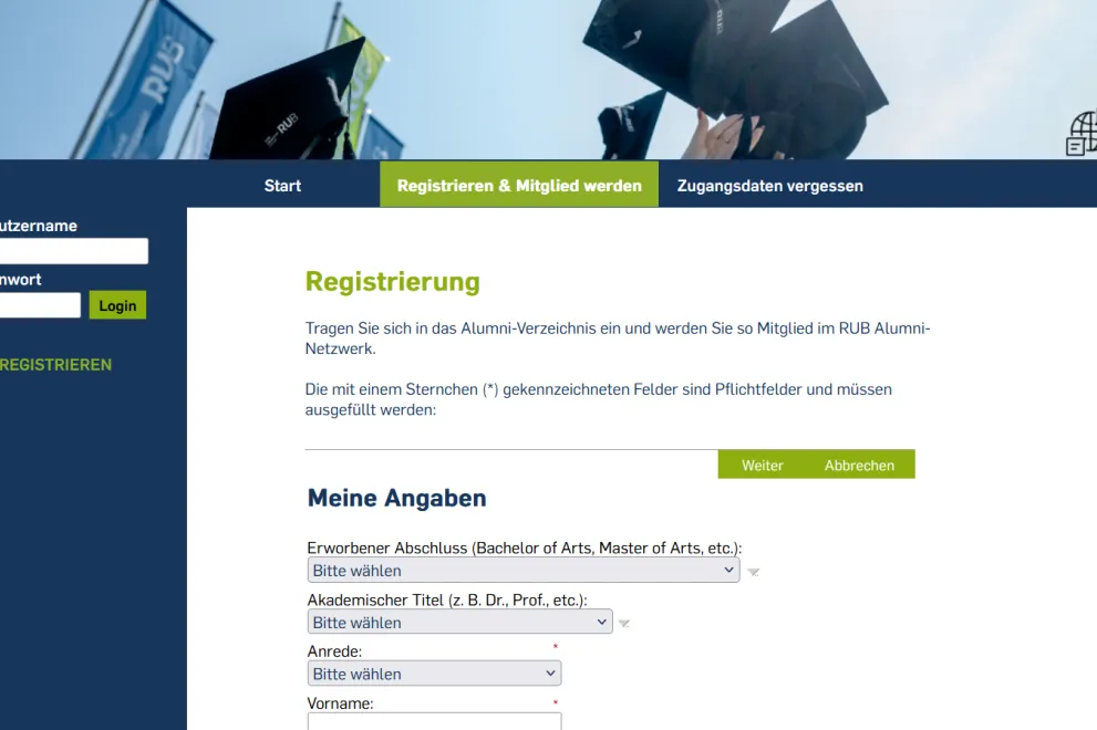 Ein Screenshot von der Registrierungsseite des Alumni-Verzeichnisses