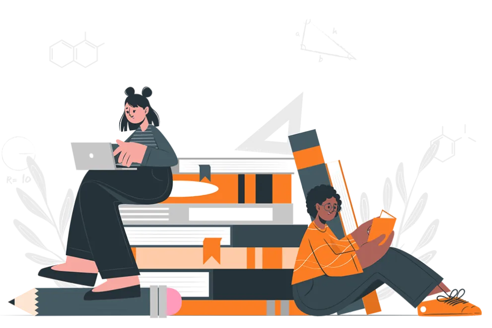 Grafische Darstellung von zwei Studierenden vor übergroßen Büchern und Schreibmaterial