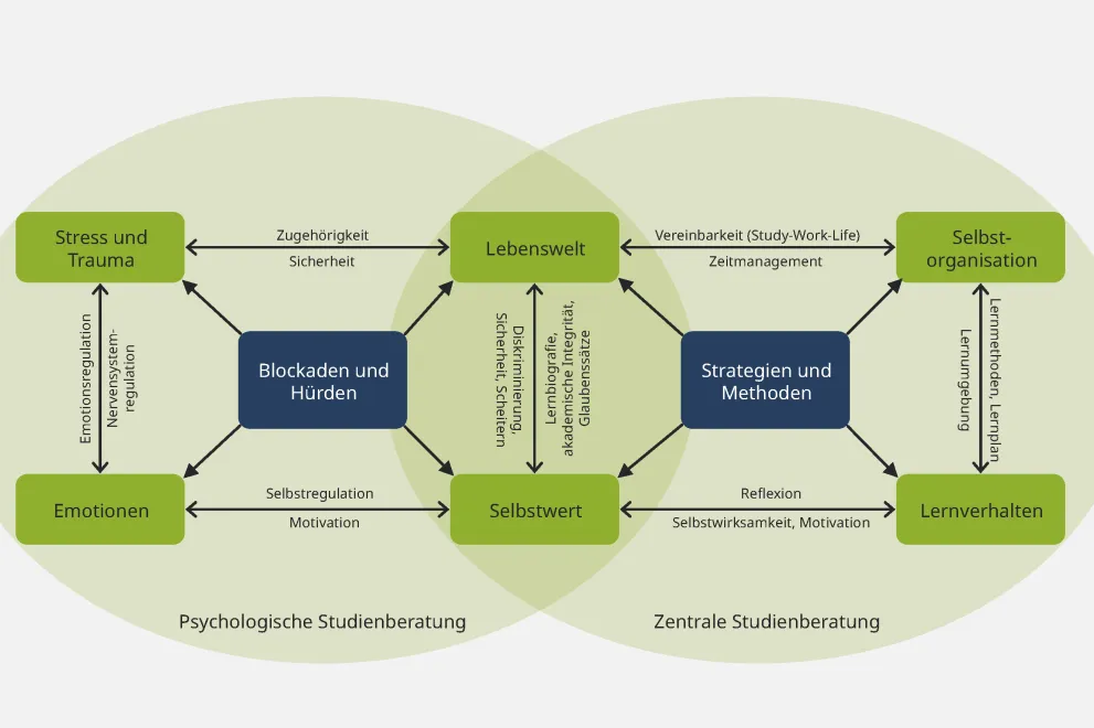 Die Grafik zeigt Zusammenhänge und Unterschiede der Lern-Themen der Psychologischen und der Zentralen Studienberatung