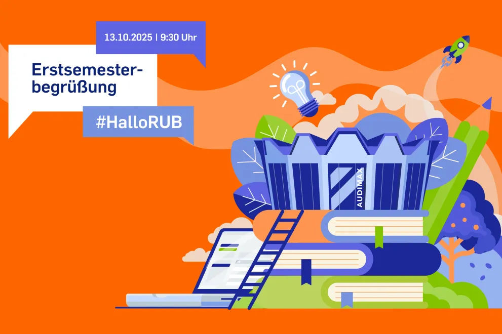 Illustration zur Erstsemesterbegrüßung der Ruhr-Universität Bochum am 13.10.2025 mit Audimax, Büchern, Laptop und Hashtag #HalloRUB.