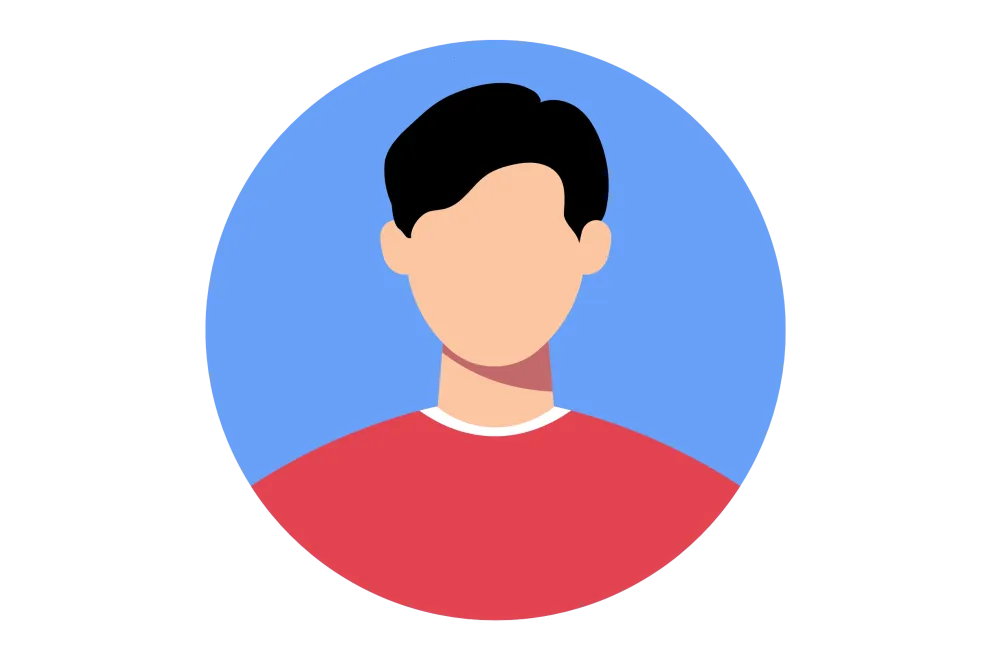 Das kreisförmige Bild zeigt eine bunte Silhouette, fast ein Icon von einer Person mit kurzen dunklen Haaren und einem roten Pulli.
