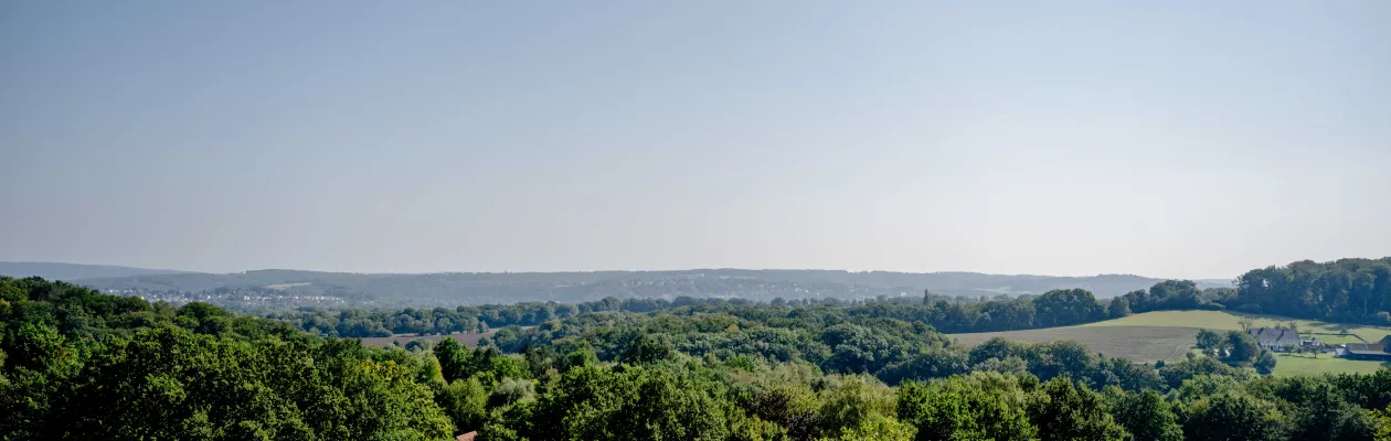 Foto: Blick in ein grünes Tal mit Bäumen bei Sonnenschein, es ist unter Bäumen ein Haus mit rotem Dach zu sehen.