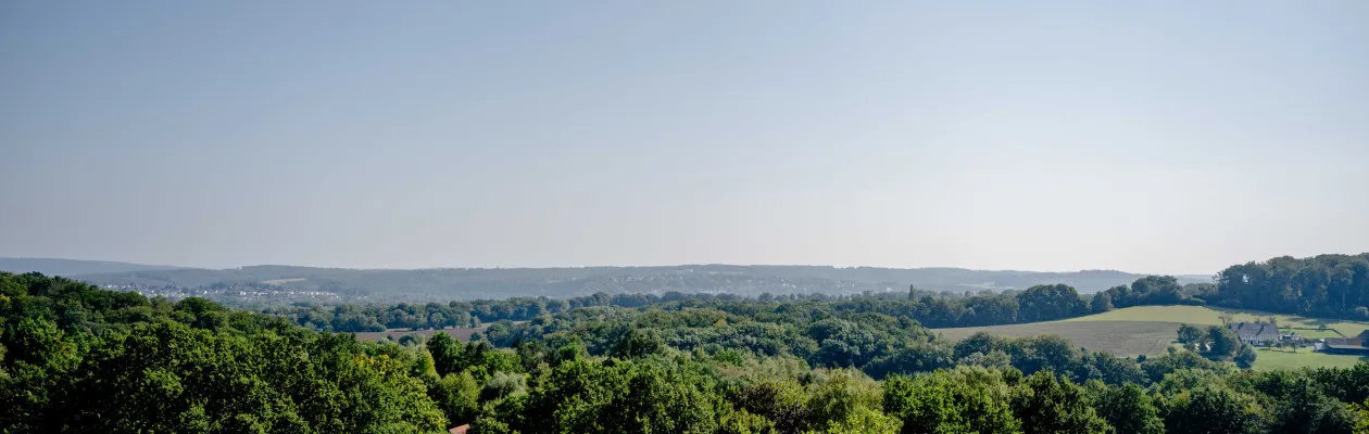 Foto: Blick in ein grünes Tal mit Bäumen bei Sonnenschein, es ist unter Bäumen ein Haus mit rotem Dach zu sehen.