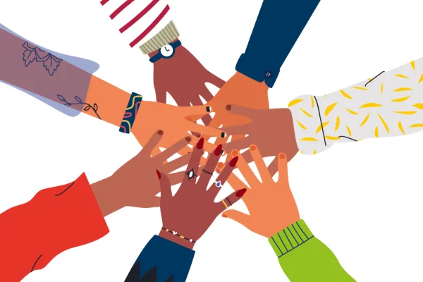 Eine Illustration mit sieben Händen. die sich in der Mitte greifen