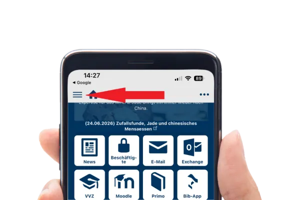 Das Bild zeigt gehighlightet durch einen Pfeil das Burgermenue in der UB mobile App 