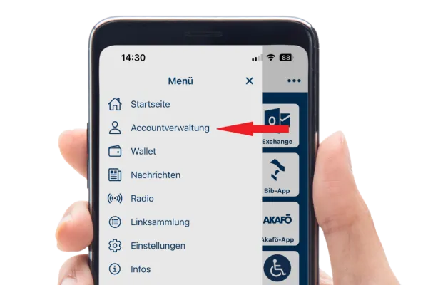 Das Bild zeigt gehighlightet durch einen Pfeil die Accountverwaltung in der UB mobile App 