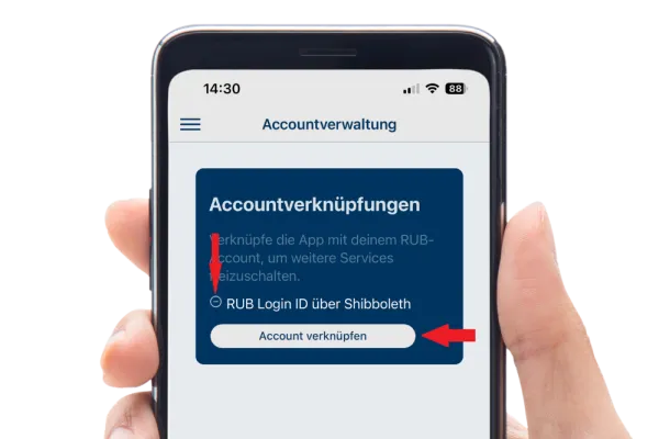 Das Bild zeigt gehighlightet durch einen Pfeil die Accountverknüpfungen in der UB mobile App 