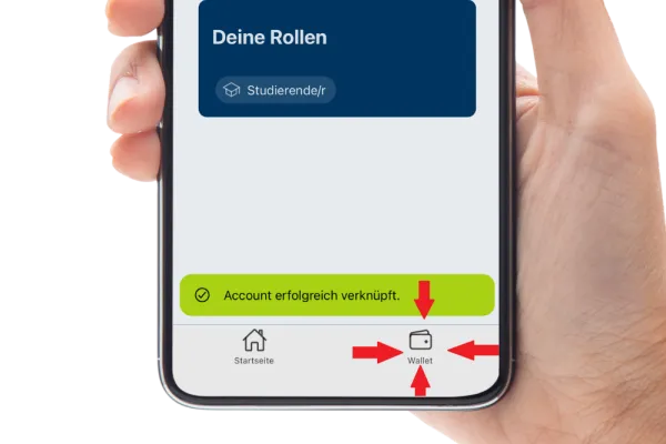Das Bild zeigt gehighlightet durch einen Pfeil die Wallet in der RUB mobile App 