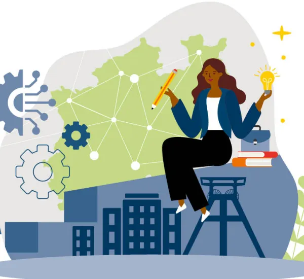 Illustration mit junger Frau im businessoutfit. Gezeichnete Gebäude im Hitergrund.