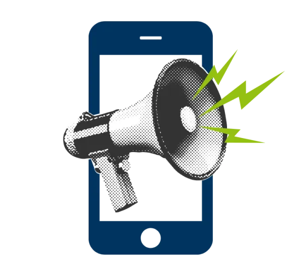 Grafische Darstellung von einem Handy und davor einem Megaphon (mit KI generiert)